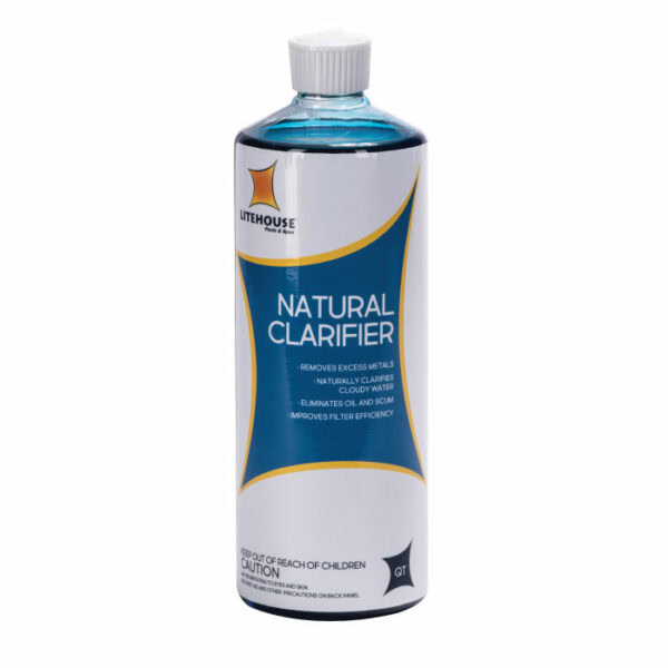 A bottle of Litehouse Natural Clarifier with blue liquid, a white label listing benefits, and a silver cap on top.
