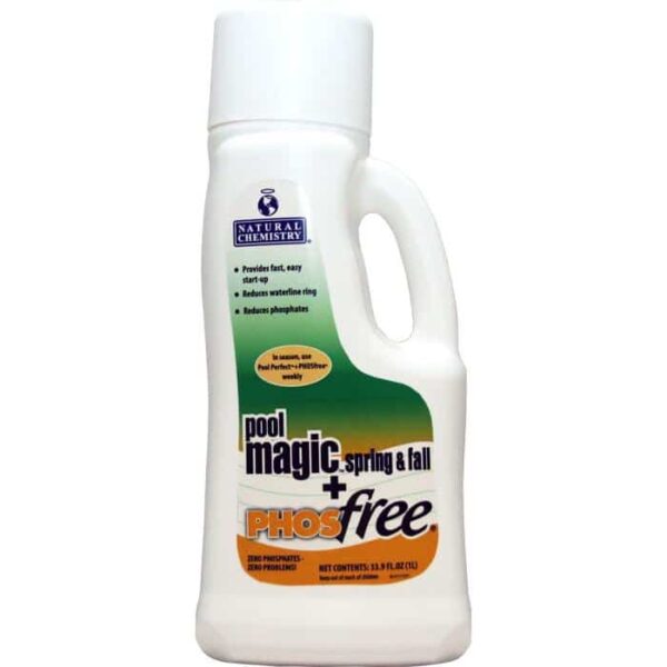 A white bottle of Pool Magic & PHOSfree pool treatment with a green and orange label and white cap.