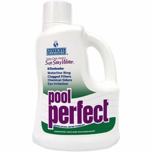 A white 2-liter POOL PERFECT bottle by Natural Chemistry features a handle and highlights benefits like eliminating waterline rings, clogged filters, chemical odors, and eye irritation on its label.