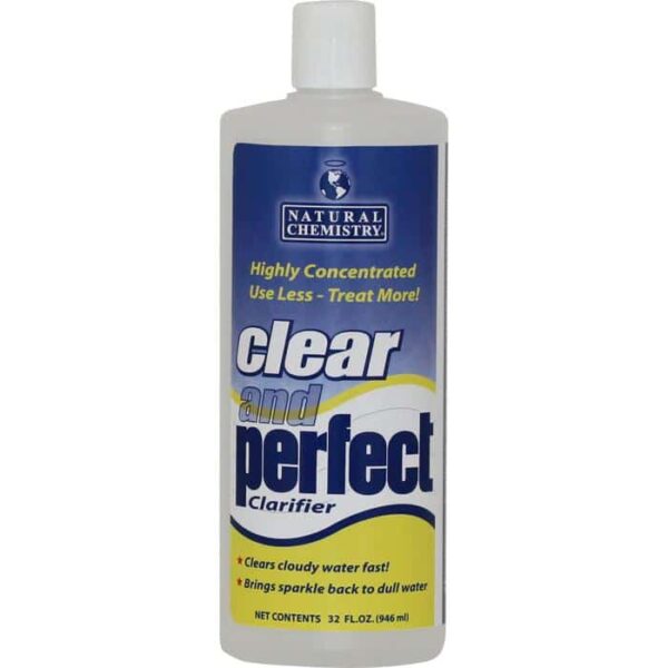 A quart bottle of Clear & Perfect, with blue and yellow labeling, clears cloudy water and adds sparkle to dull water.