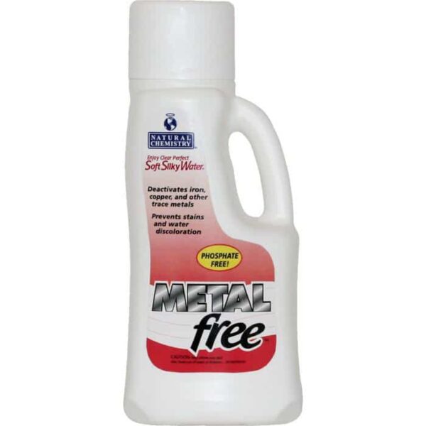 A white bottle of METALfree - Liter pool care product with a handle, red and black label, highlighting that it is phosphate-free and removes metals from water.