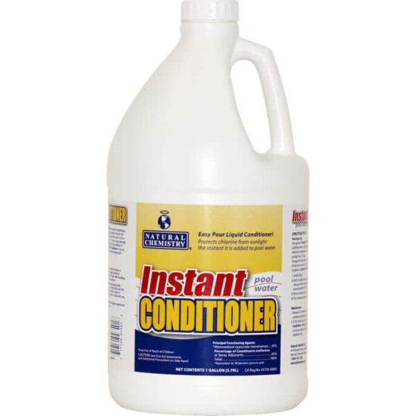 A white gallon jug labeled “Instant Pool Water Conditioner - Gallon” with blue and yellow text and front-facing instructions.