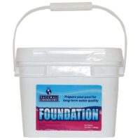 A white plastic bucket with handle labeled Foundation - 16.5 Lbs. Prepares pool for long-term water quality. Net weight: 16.5 lbs (7.48 kg).