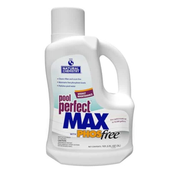 A 3-liter white bottle of POOL PERFECT MAX W PHOSFREE, for weekly pool maintenance to clean filters, improve water clarity, and minimize phosphorus.