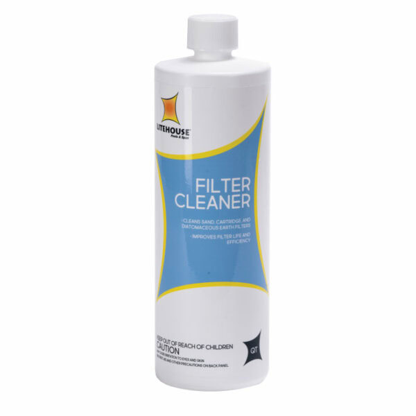 A white bottle of Litehouse Filter Cleaner/Soaker Qt. with a blue and yellow label, designed to clean sand, cartridge, and diatomaceous earth filters. The bottle features a white cap and product details on the front.