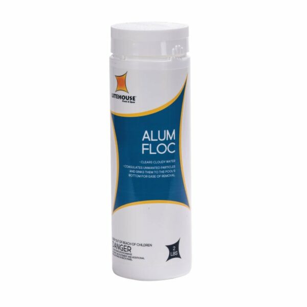 A white plastic container of Litehouse Alum Flocculant 2lb, a pool chemical with blue and orange labeling. The label states it clears cloudy water and shows the weight as 2 lbs.