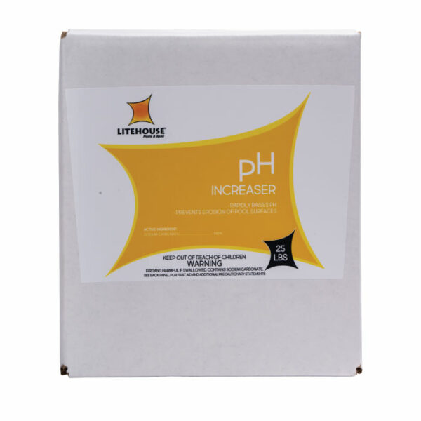 A white box labeled LITEHOUSE PH PLUS 25 LBS, used to raise pool pH, features orange graphics, caution text, and a net weight of 25 lbs on the front.