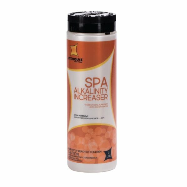 A 2 lb container of Litehouse Alkalinity Increaser with an orange and white label and black lid, used to raise total alkalinity in spa water. Includes safety warnings.