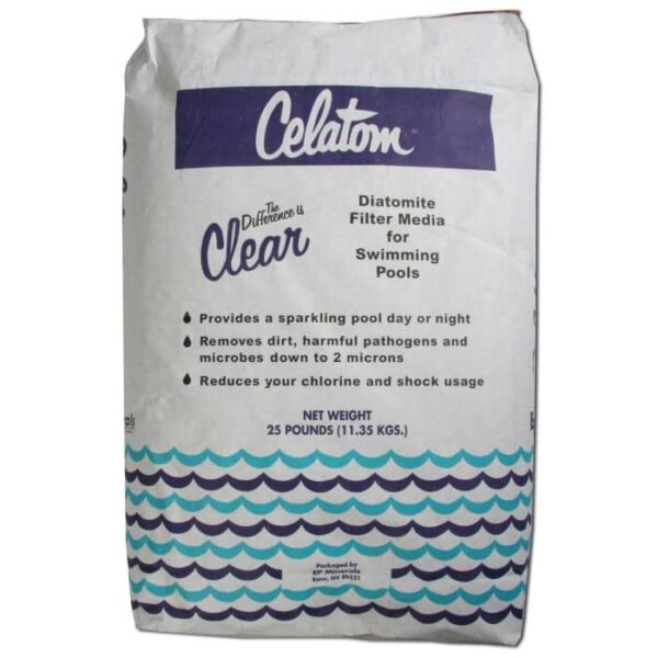 A 25-pound bag of Diatomaceous Earth (DE) Filter Powder for pools features blue wavy lines at the bottom and highlights benefits like effective particle removal and reduced chlorine use.