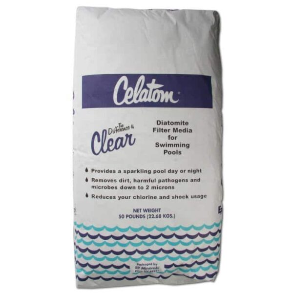 A 50-pound white bag of Diatomaceous Earth (DE) Filter Powder for pools, featuring blue wave graphics and benefit text like dirt removal and reduced chlorine use.