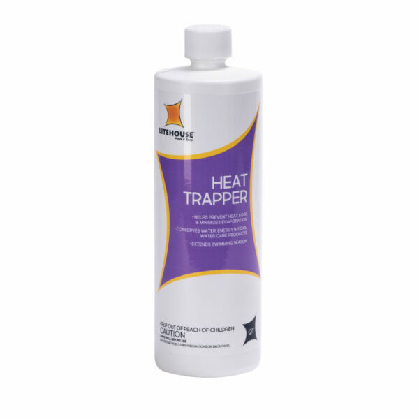 A quart-sized white bottle of Litehouse Heat Trapper features a purple and orange label, a white cap, and safety instructions at the bottom. Its used to prevent heat loss in swimming pools.
