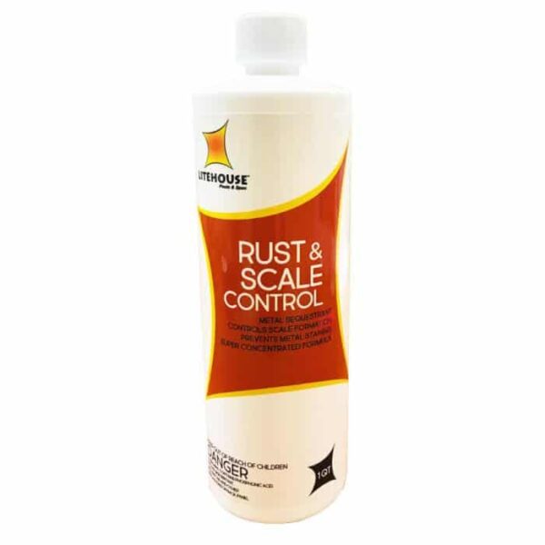 A 1-quart white bottle of Litehouse Rust & Scale Control-Quart with a red and yellow label displaying product info and safety warnings, topped with a white cap.