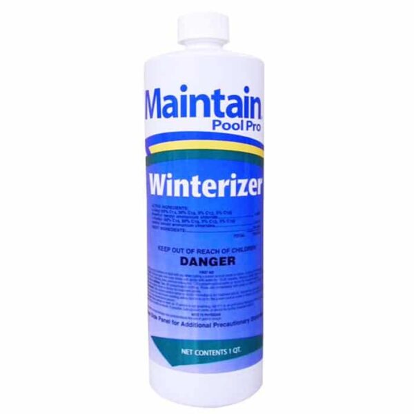 A white bottle labeled Winterizer - Winter Algaecide - Quart with blue, green, and yellow accents warns “DANGER” and to keep out of reach of children. The bottle contains 1 quart of product.