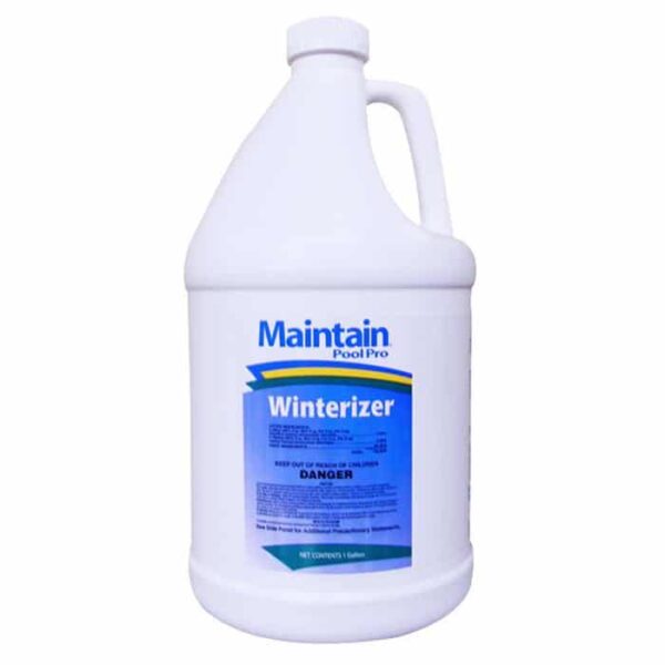 A gallon jug labeled Winterizer - Winter Algaecide - Gallon with a blue and white label, handle, and screw cap, designed for winterizing swimming pools.