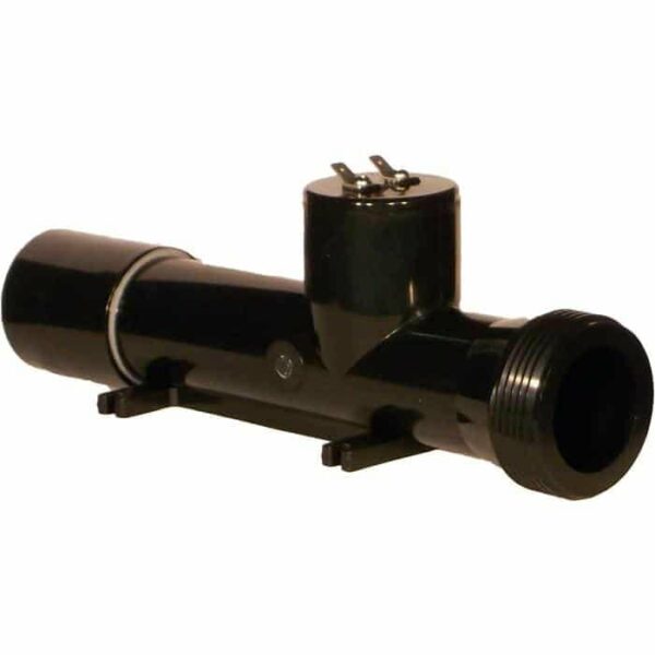 The Power Ionizer Replacement Chamber is a black cylindrical unit with threaded ends and an electrical connection on top, designed for installation in a pipe system.