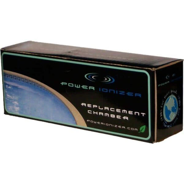 A black rectangular box labeled Power Ionizer Replacement Chamber features blue and green designs, a leaf symbol in the corner, and the website powerionizer.com.