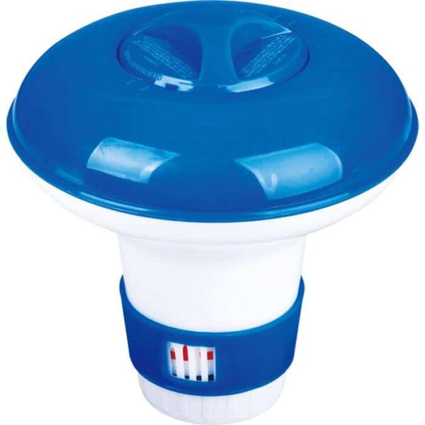The Chlorine Floater - 9 is a blue and white pool chlorine dispenser with an adjustable dial for chlorine release control, shown on a white background.