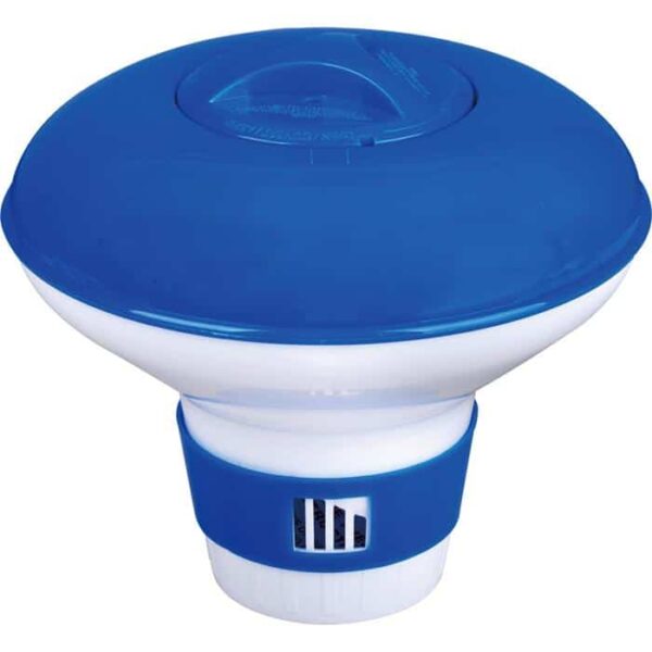 The Chlorine Floater - 5 is a blue and white dispenser with a round, domed top and a vented base for controlled chlorine release into your pool.