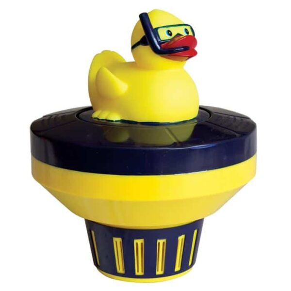 A yellow rubber duck with goggles and snorkel sits atop the blue and yellow Chlorine Floater - Diving Duck pool dispenser.