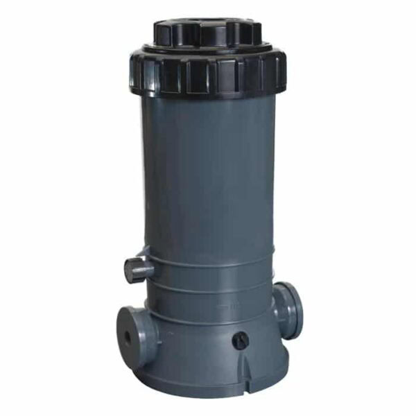A Chlorinator, Off-Line 9 Lbs. with a dark gray cylindrical plastic housing, screw-on lid, and two pipe connections at the base stands upright on a white background.