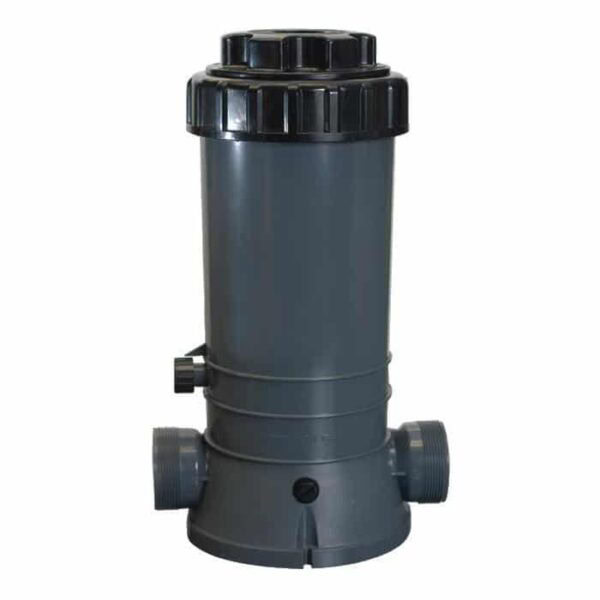 A cylindrical, dark gray Chlorinator, In-Line 9 Lbs., with a black screw-on lid and two pipe connections at the base, stands upright on a white background.