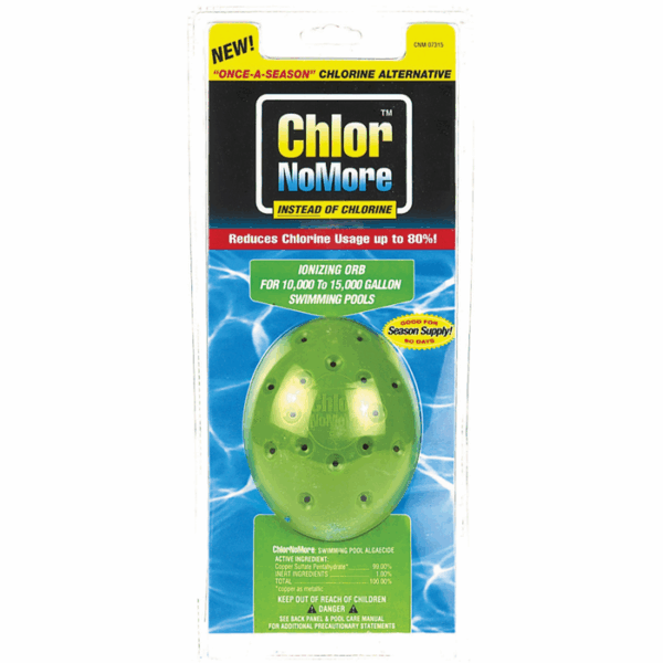 The Chlor No More 10k-15k Green ionizing orb, ideal for 10,000-15,000 gallon pools and shown against blue water, claims to reduce chlorine use by up to 80%.