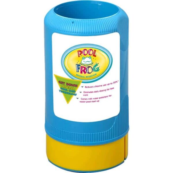 A blue and yellow Pool FROG Mineral Reservoir container featuring a cartoon frog in water and label text highlighting reduced chlorine use and simpler pool maintenance.