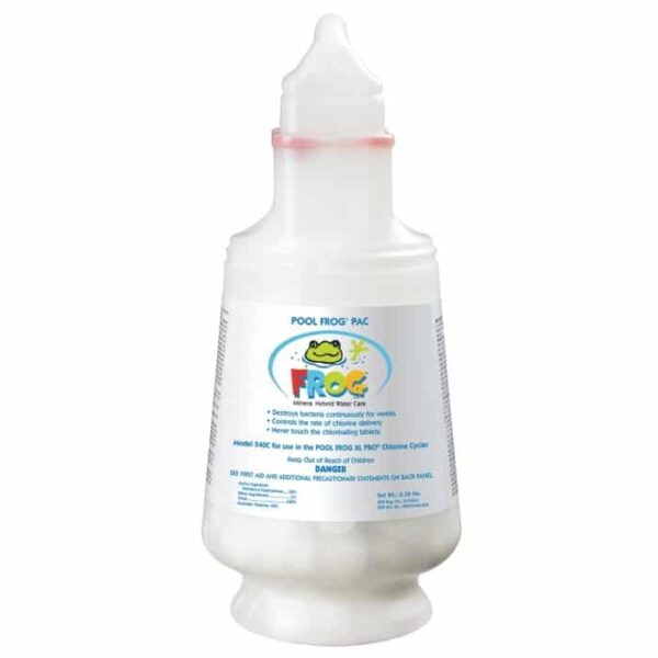 A white plastic bottle labeled FROG CHLORINE PAC #540C with a cartoon frog logo, pointed cap, and blue printed instructions on the front.