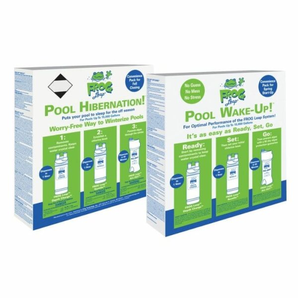 Two product boxes feature blue and green designs labeled FROG Leap Pool Wake-Up! and Pool Hibernation, each displaying step-by-step pool care instructions and images of pool maintenance cartridges.