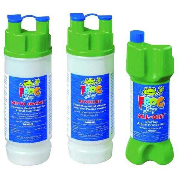 Three FROG Leap pool care product bottles—Pool Wake-Up!, Depth Charge, and Pool Hibernation—stand side by side, each with bright green caps and blue-green labels featuring a frog logo.