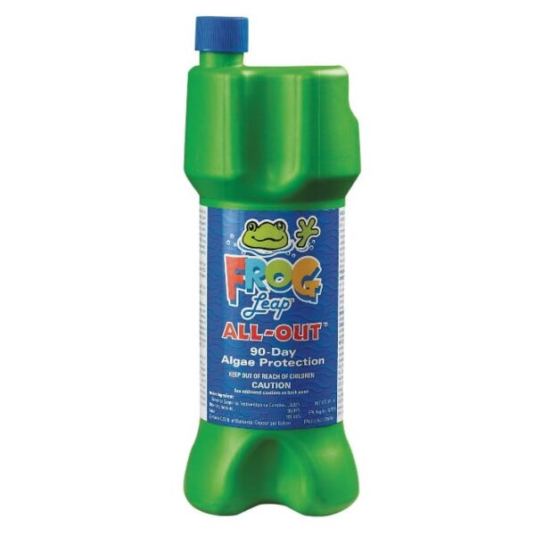 A green plastic bottle with a blue cap labeled FROG Leap All-Out, featuring a cartoon frog logo and product information on a blue label.