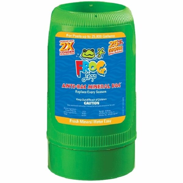 Green container of FROG Leap Anti-Bac Mineral Pac for pools up to 25,000 gallons, with orange and blue text plus a frog logo. Label states: Keep out of reach of children.