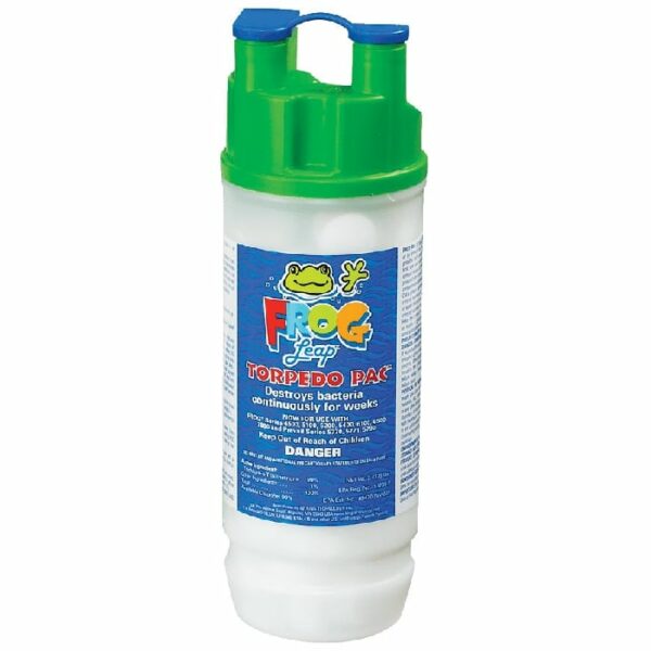 A FROG Leap Torpedo Pac pool sanitizer features a green cap, blue label with a cartoon frog, plus product info and safety warnings.