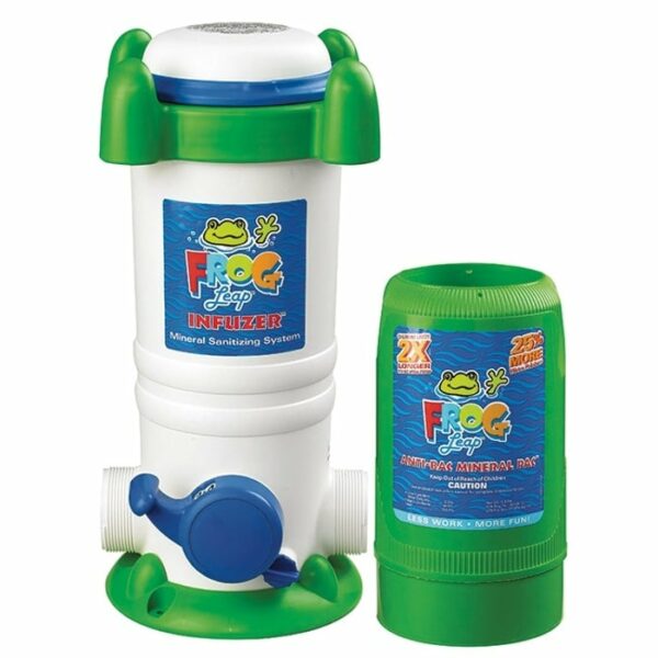Two pool care products with green accents: a white, blue, and green FROG Leap Mineral System on the left, and a smaller green FROG Leap Anti-Bac Mineral Pac container on the right.