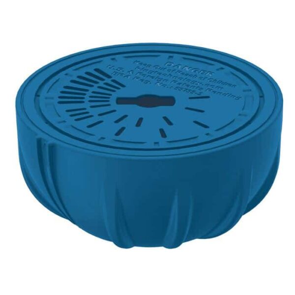 The Flippin FROG Replacement Chlorine Cartridge is a round blue plastic pool dispenser with vent holes and warning text on its lid.