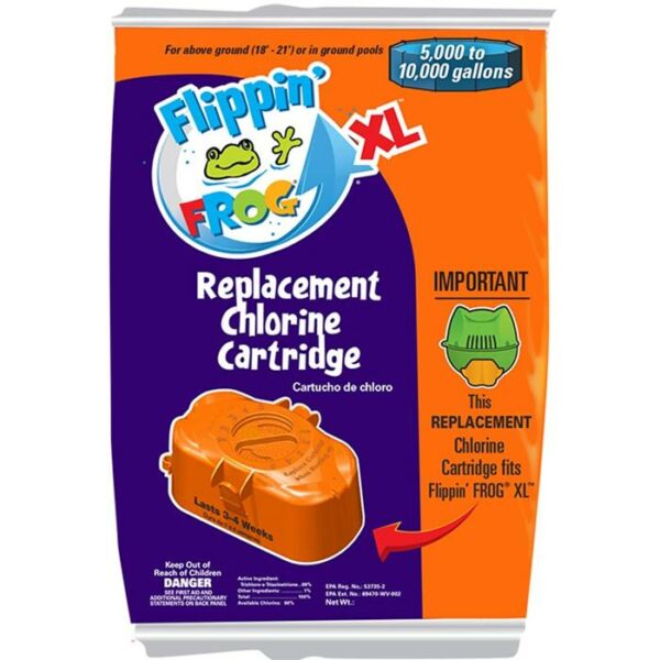 An orange package of Flippin FROG® XL™ Replacement Chlorine Cartridge, for 5,000–10,000 gallons. Features safety info and a cartridge image.