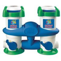The LEAP TWIN MINERAL SYS is a blue and white pool chemical dispensing system with green accents, labeled “Mineral Infuzer” on the left and “Chlorine Infuzer” on the right, featuring control valves and pipe connectors.