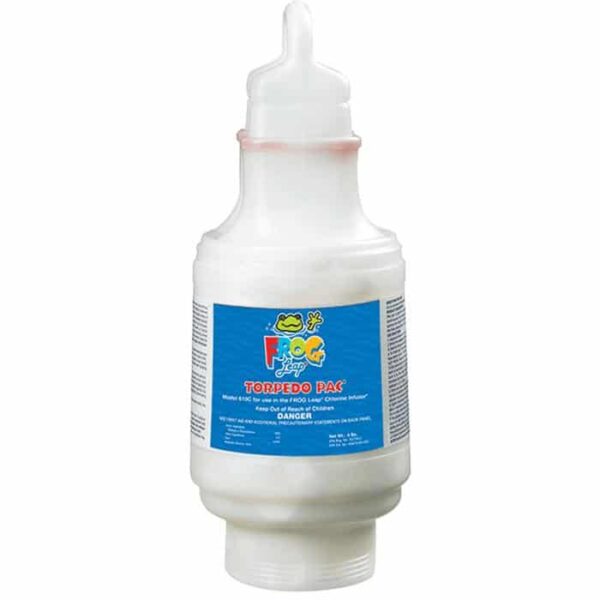 A white plastic cylindrical container with a pointed top and blue label that reads “FROG Leap Twin Torpedo Pac,” used for pool or spa water treatment.