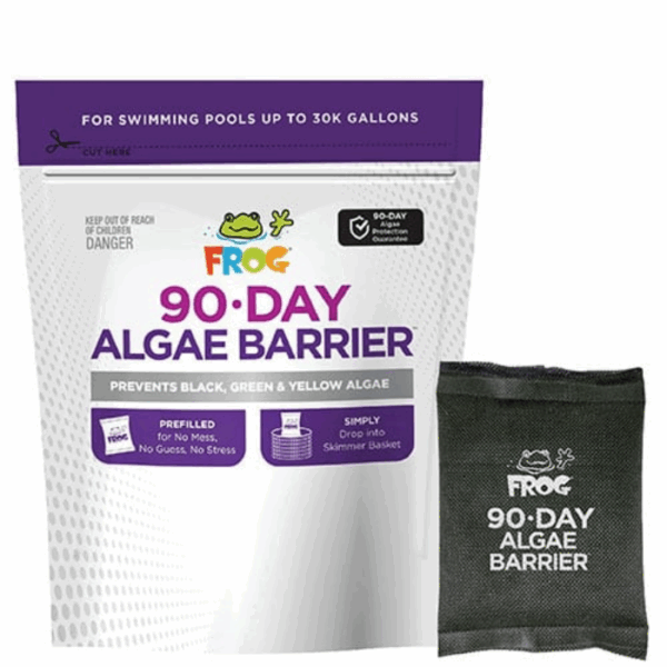 A package labeled FROG 90-DAY ALGAE BARRIER 20K Gal with a small black pouch beside it. The product claims to prevent black, green, and yellow algae in swimming pools up to 20,000 gallons.