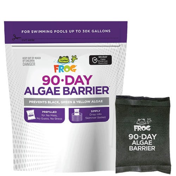 A FROG 90-DAY ALGAE BARRIER 30k Gal package appears with a black mesh pouch next to it; this pool product guards against black, green, and yellow algae in pools up to 30,000 gallons.