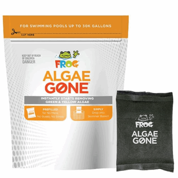 A package labeled FROG ALGAE GONE 30k Gal for swimming pools, featuring a cartoon frog logo and instructions, sits next to a small black pouch with the same label.