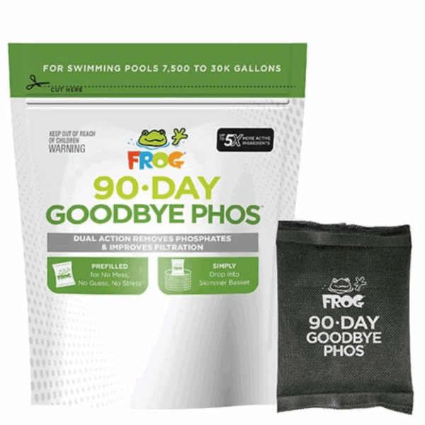 A white and green FROG 90-DAY GOODBYE PHOS pouch for swimming pools is shown beside a small black mesh bag with the same label. This product removes phosphates and improves filtration.