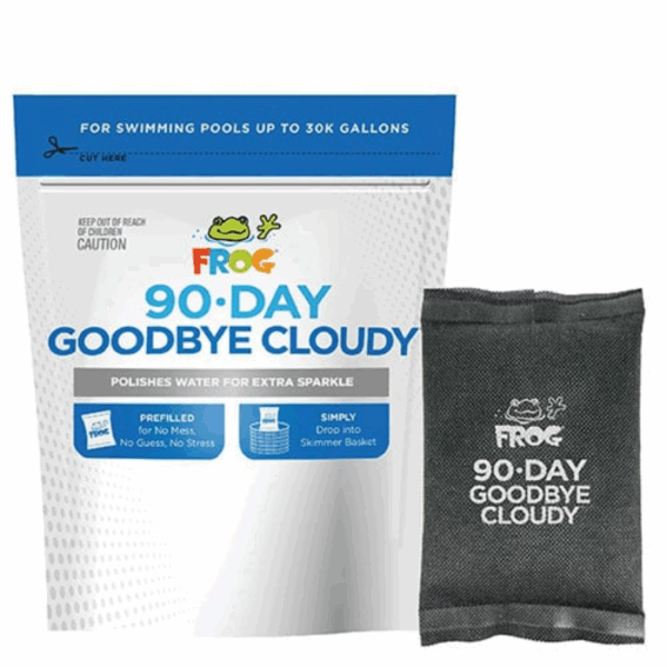 The FROG 90-DAY GOODBYE CLOUDY, for pools up to 30,000 gallons, comes with a matching black pouch and claims to polish water to give your pool extra sparkle.