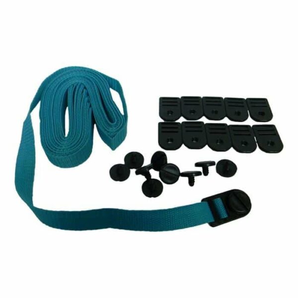 The Inground Solar Reel Strap Kit includes a teal strap with a plastic buckle and several black plastic mounting clips and fasteners, all displayed on a white background.