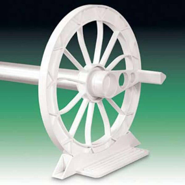The Typhoon Solar Reel - 18 - 20 features a white plastic end with a large spoked wheel and rectangular base to support and wind your pool cover. The background shifts from dark at the top to green at the bottom.
