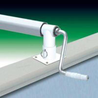 A close-up of the Whirlwind Solar Reel for 21-24 pools shows its metal hand crank attached to a white bracket, designed for smoothly rolling up pool covers and mounted securely on a flat surface.