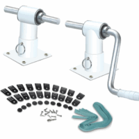SOLAR REEL AG HYDRO 18 3 set includes two white metal brackets with handles, black plastic clips, screws, black caps, two teal straps, and a silver crank handle for pool cover rolling.