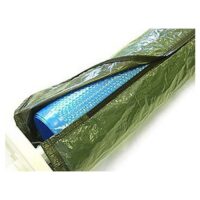 A green zippered storage bag, partially open, reveals the 20FT SOLAR REEL WINTER JACKET inside—its blue bubble-textured surface is visible through the opening.