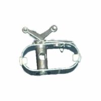 A close-up of the Winter Cover Winch, an oval-shaped metal device with two screws and adjustment points, featuring an attached key commonly used for tightening pool covers.