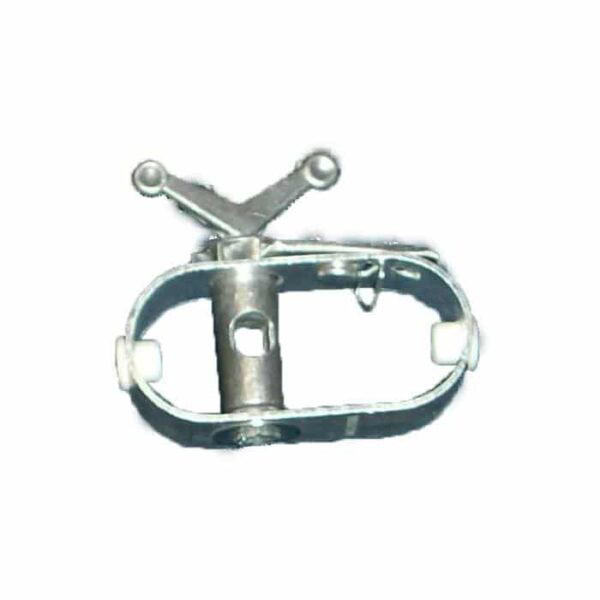 A close-up of the Winter Cover Winch, an oval-shaped metal device with two screws and adjustment points, featuring an attached key commonly used for tightening pool covers.